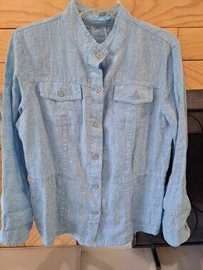 J. McLaughlin Womens Linen Light Blue Button-Front Shirt Jacket  Long Sleeves L
